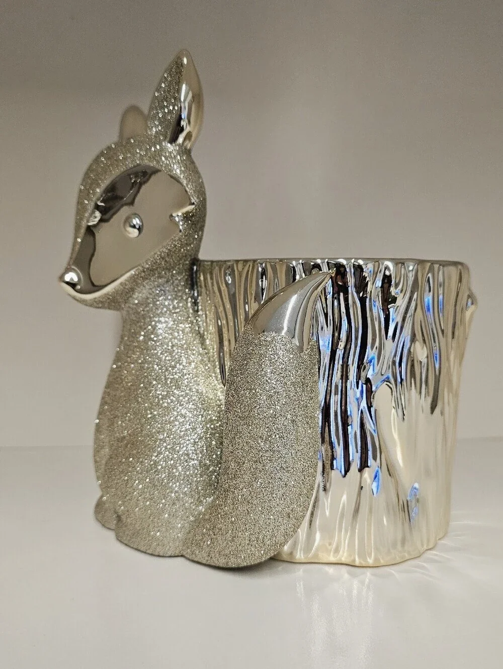 New Bath & Body Works Fox Pedestal Candle Holder Gold Glitter Tree Stump Decor